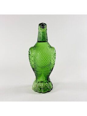 Vintage Green Glass Hawk Decanter Bottle With Removable Head Lid